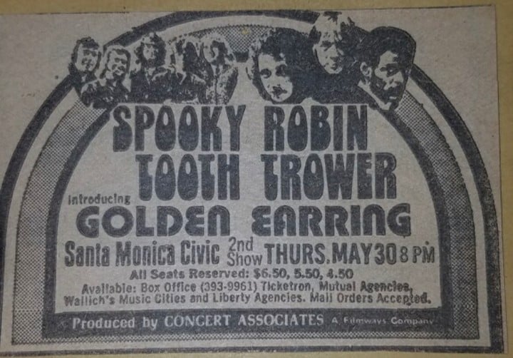 Golden Earring with Robin Trower special guest for Spooky Tooth show ad second show May 30 1974 Santa Monica - Civic Center Auditorium
